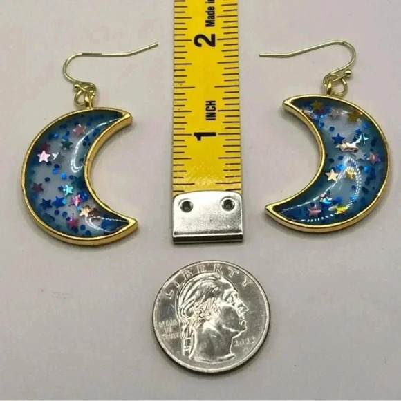 Moon Blue Stars Handmade Resin Glitter Gold Tone Earrings New NWT - Picture 3 of 3